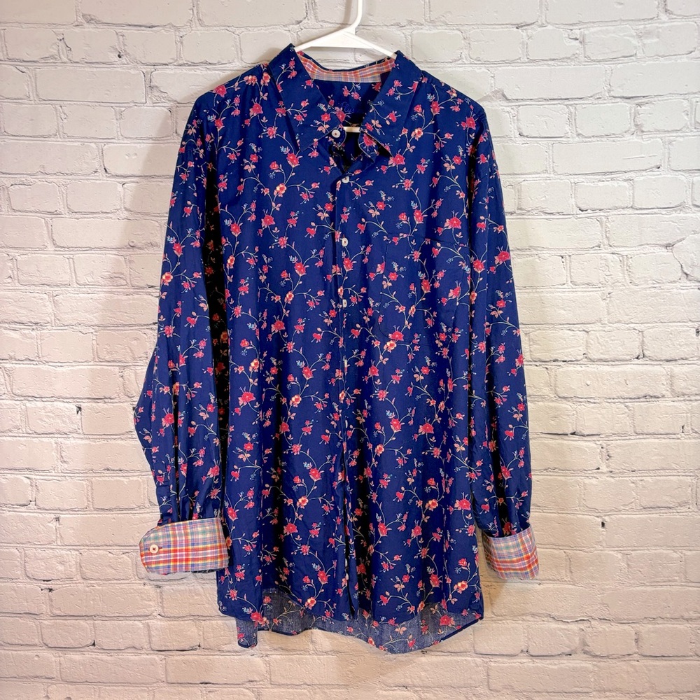 Alan Flusser Navy Blue Button-Down Shirt with Pink Floral Print